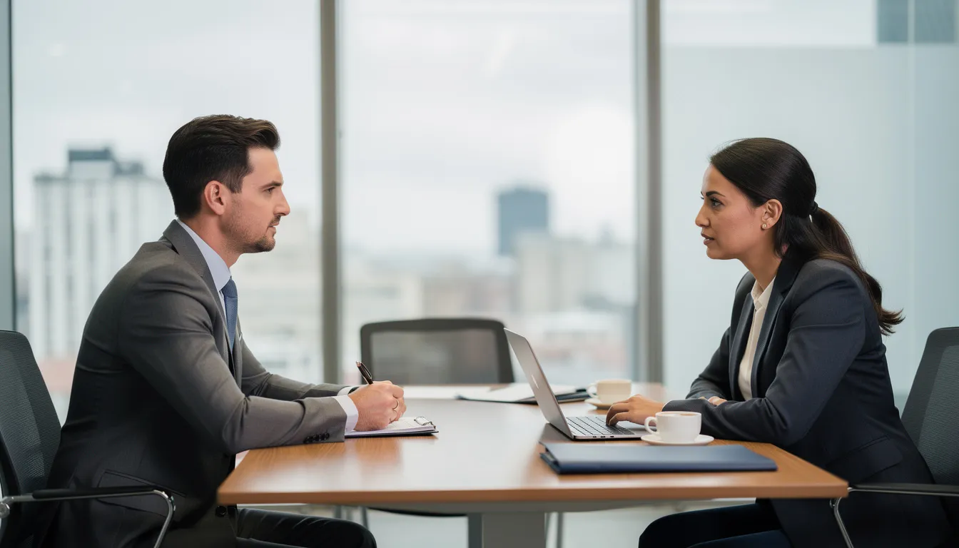 The image depicts two individuals engaged in a professional conversation in an interview setting, emphasizing the importance of qualitative and quantitative research methods in the research process. The environment suggests a focus on gathering data and discussing research questions, highlighting the significance of a well-planned research design in achieving meaningful conclusions.
