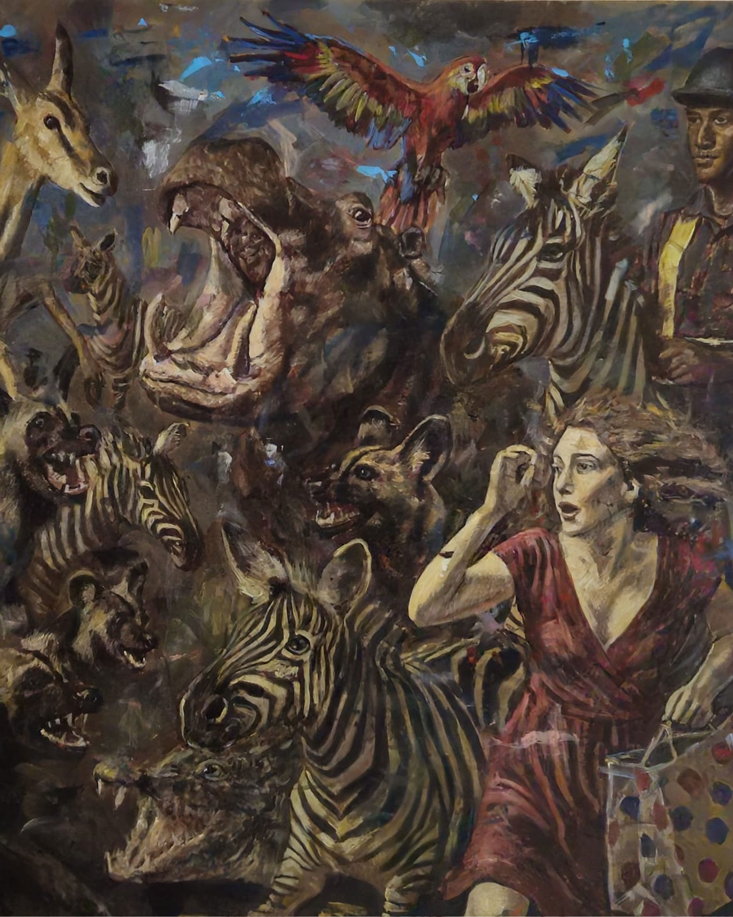 Painting by Nathan Vuuren featuring a running woman surrounded by animals.