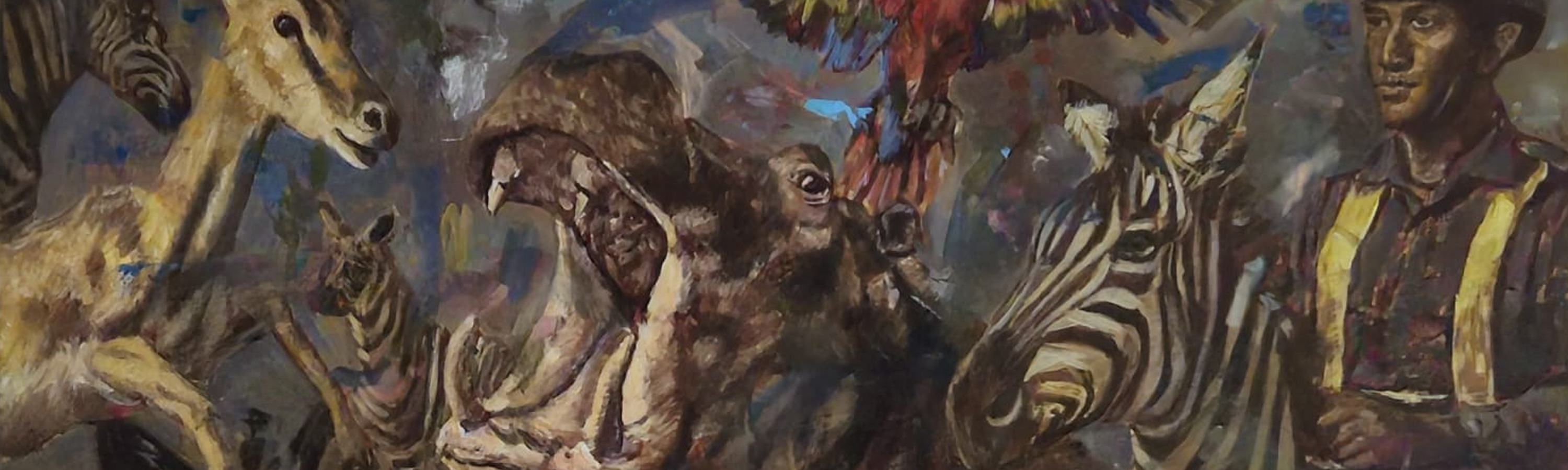 Painting by Nathan Vuuren featuring a running woman surrounded by animals.