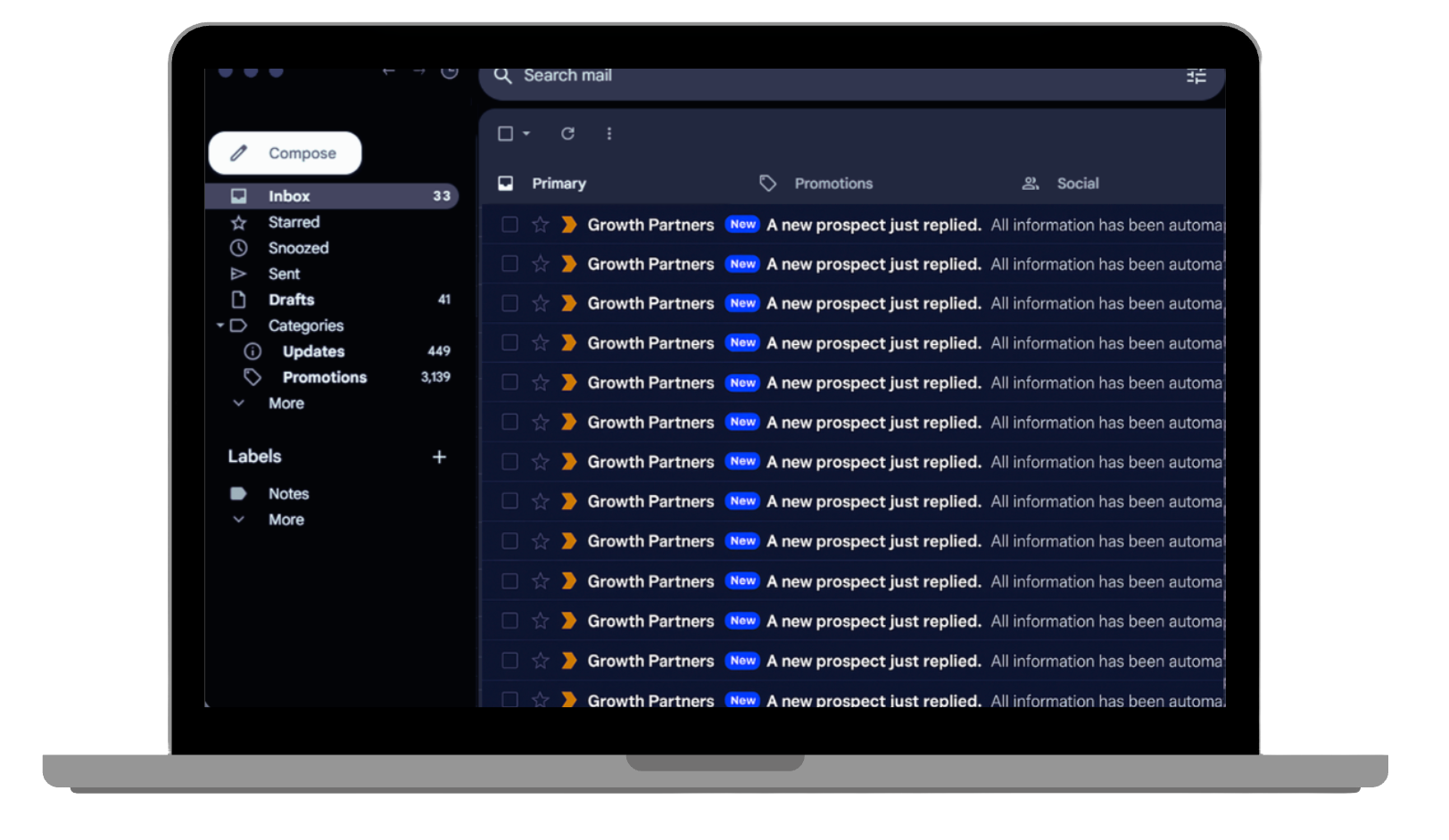 Laptop screen displaying an email inbox with multiple unread messages from Growth Partners titled 'A new prospect just replied.'