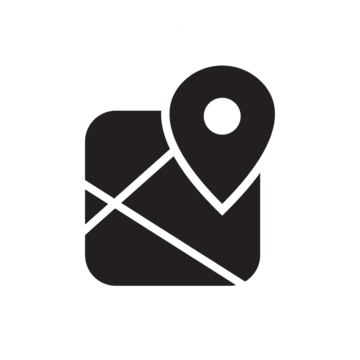 Black map icon with a location pin marker on a folded map.