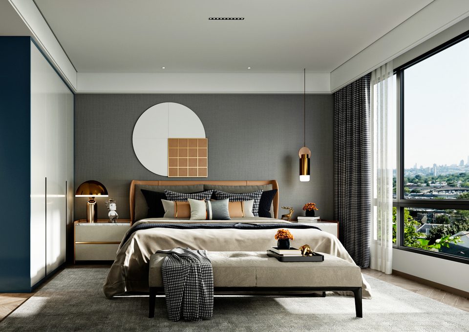 Modern hotel room with a city view