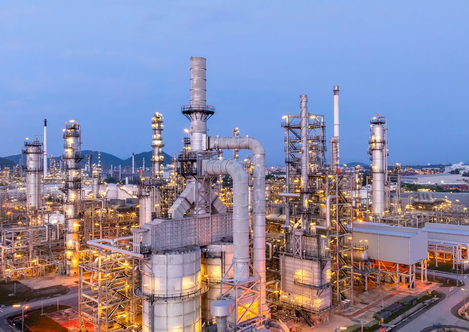 Refinery lit up at dusk