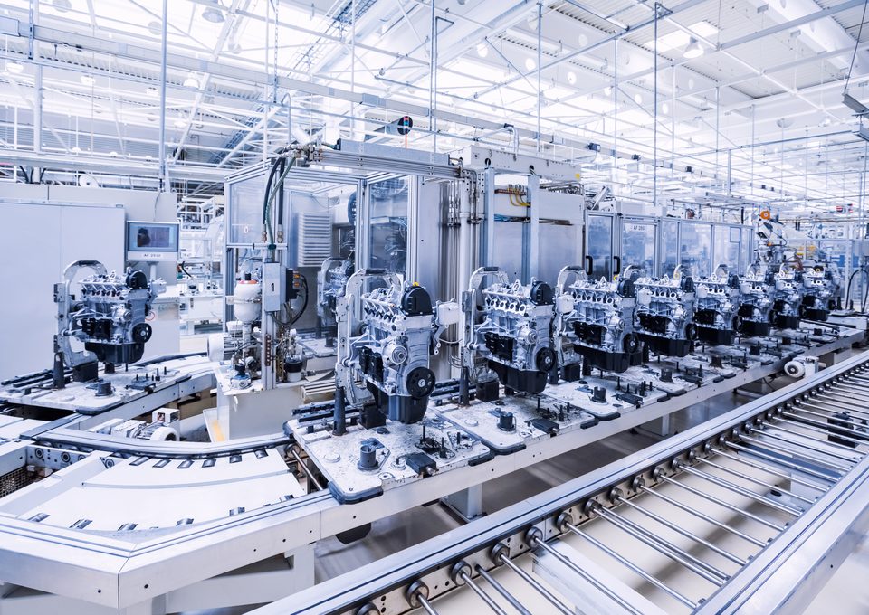 Engine assembly line with automated machinery
