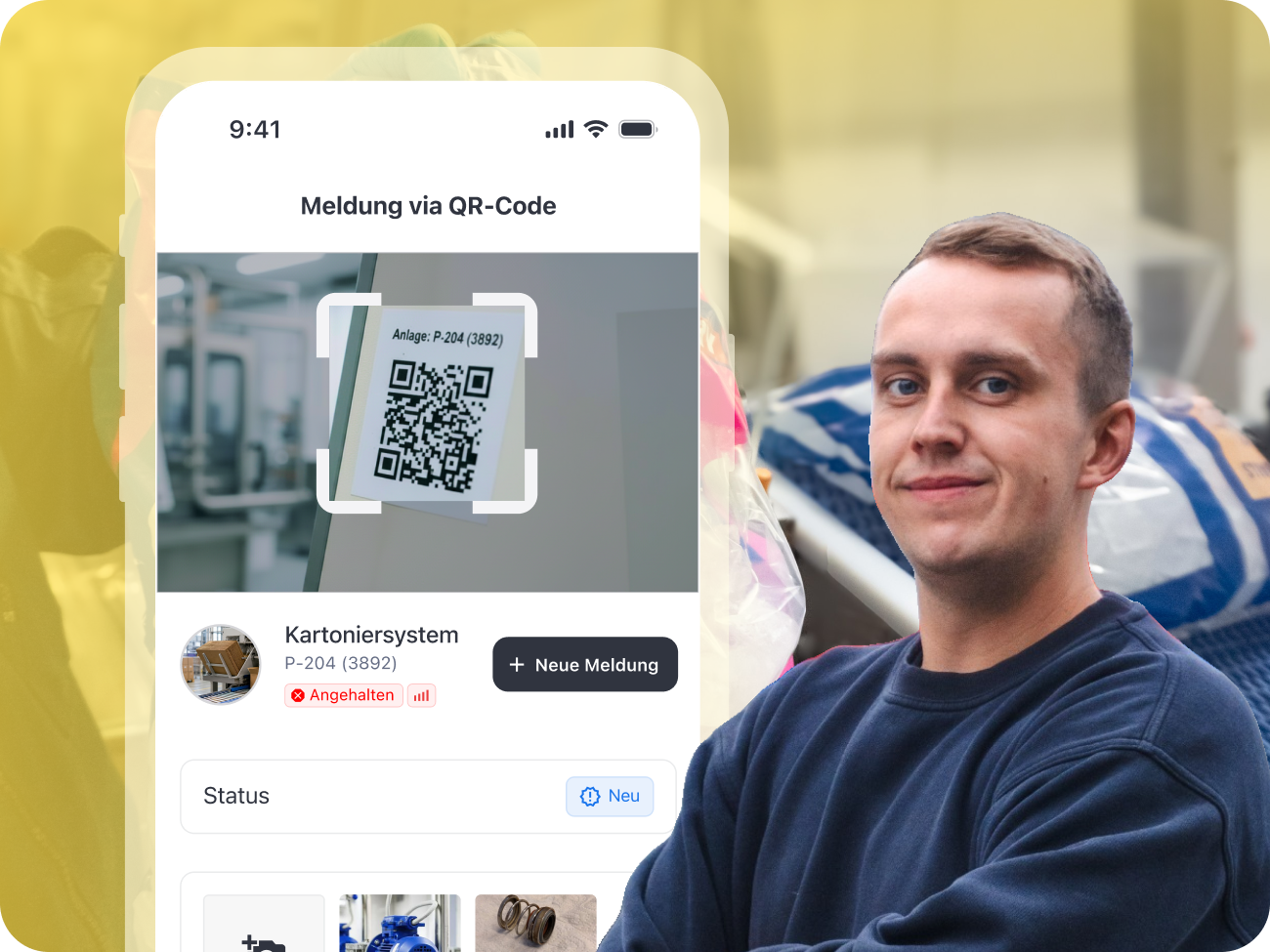 remberg App mit Meldung per QR-Code am Kartoniersystem, daneben Industriemeister Tim Rode