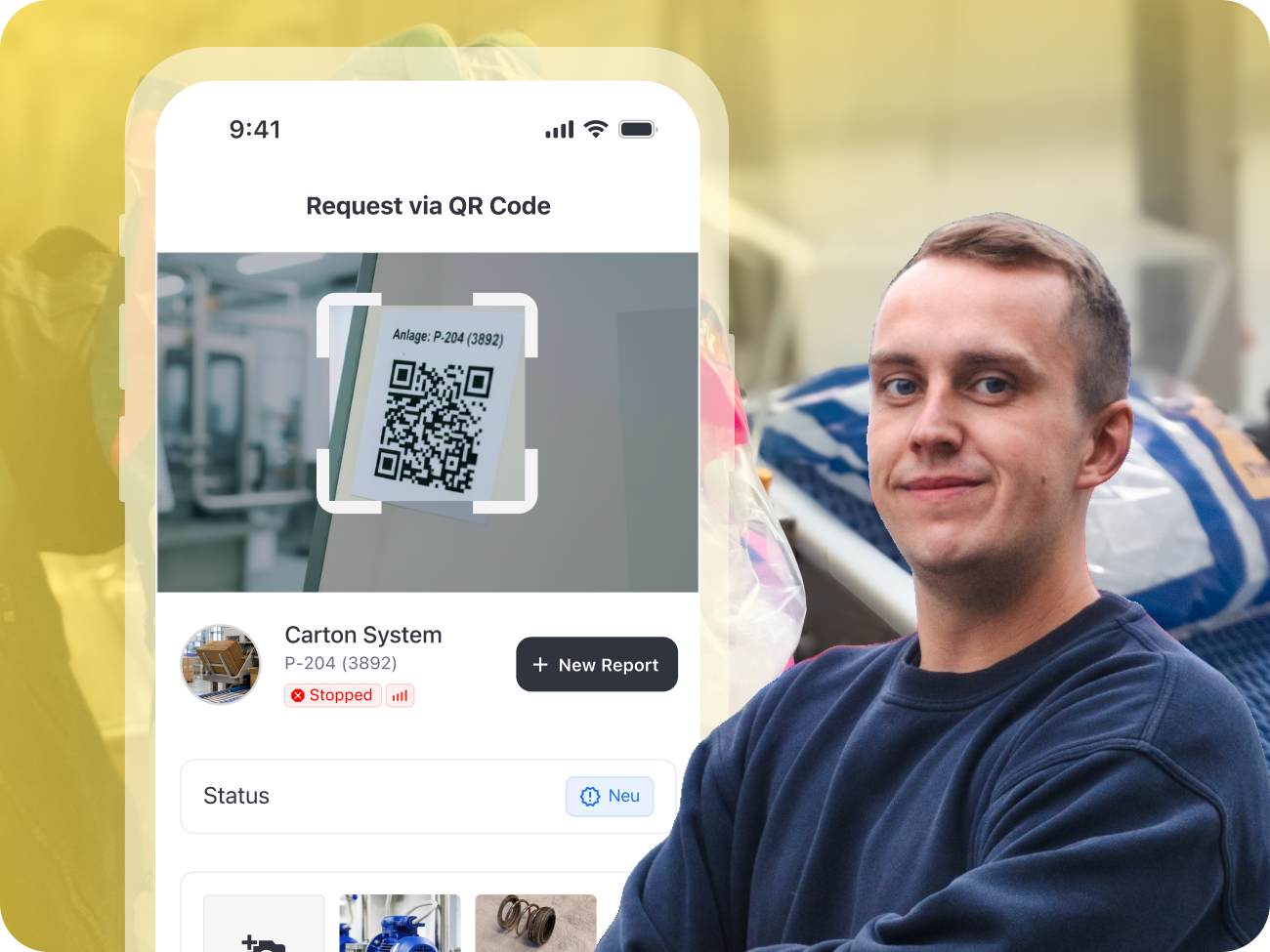 remberg app showing a request via QR code for a carton system, next to master technician Tim Rode