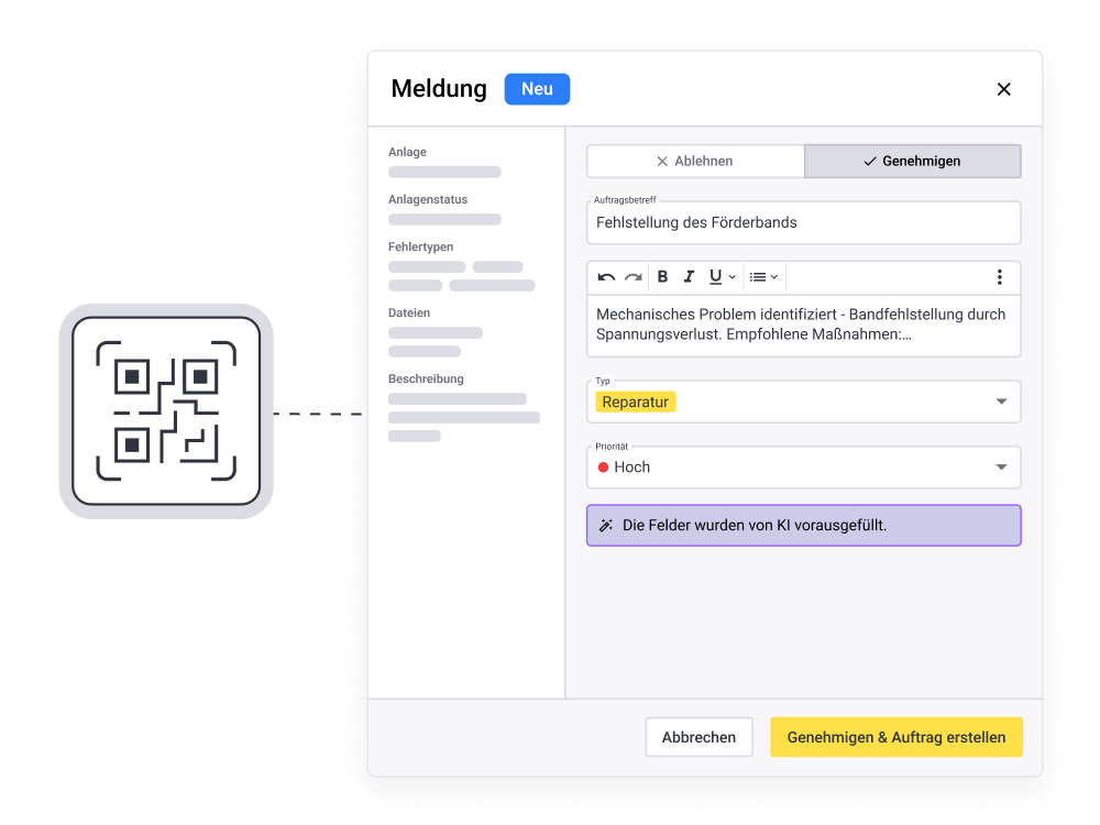 Meldung per QR-Code in remberg, bereit zur Genehmigung und Umwandlung in einen Auftrag