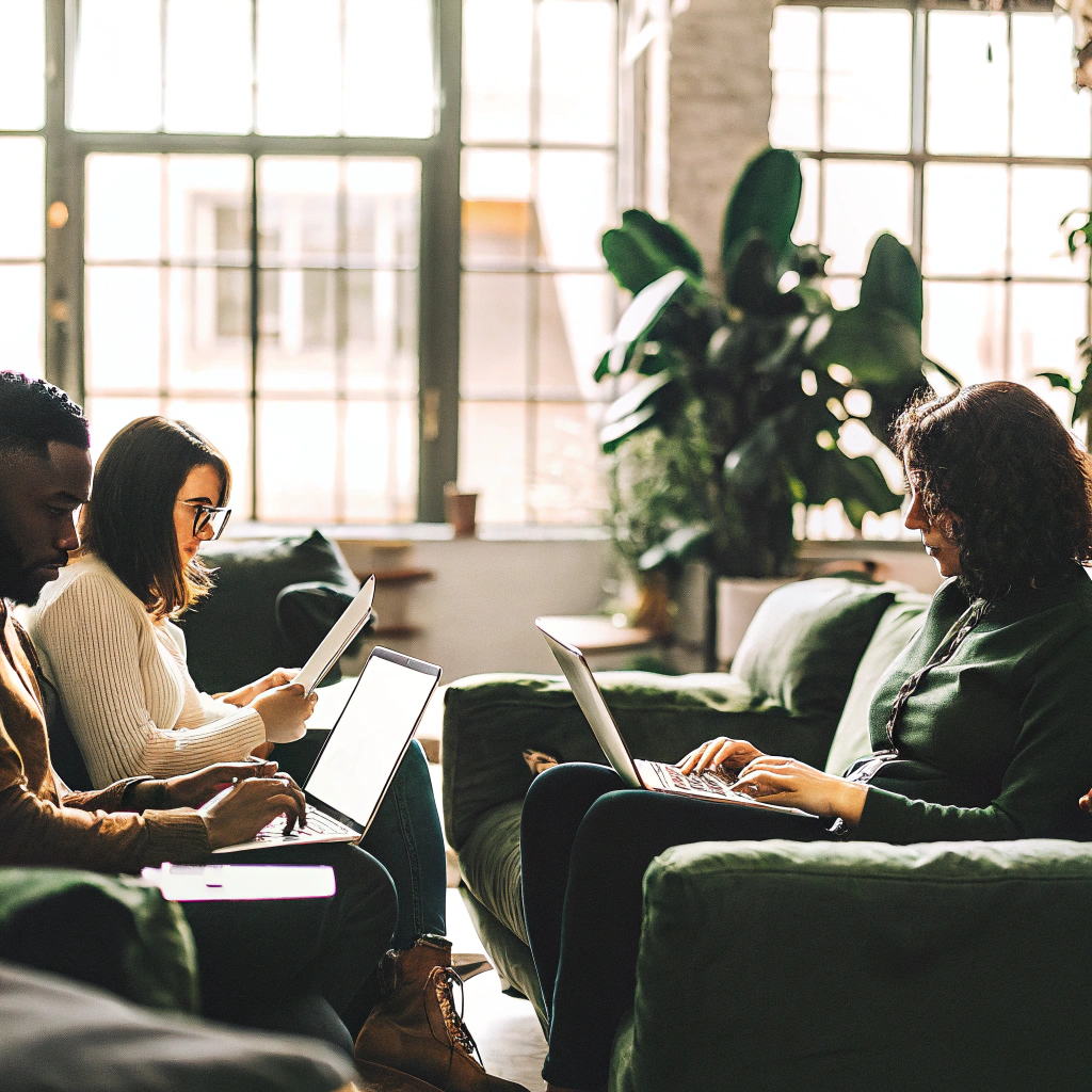 Diverse freelancers working on laptops in a sunlit loft co-working space with green sofas and plants