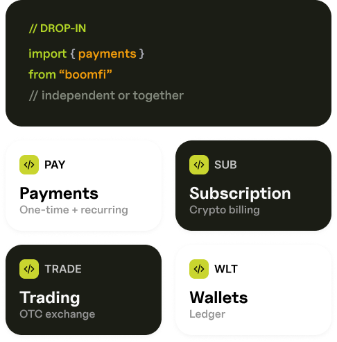 BoomFi modular API code snippet with Payments, Subscription, Trading and Wallets building blocks used independently or together