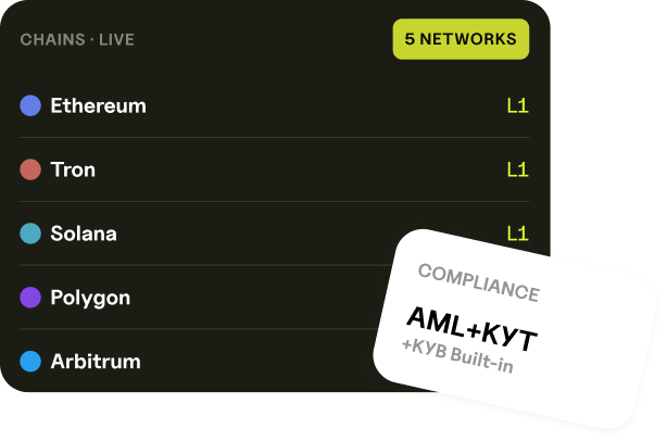 Multi-chain support panel listing Ethereum, Tron, Solana, Polygon and Arbitrum with built-in AML, KYT and KYB compliance