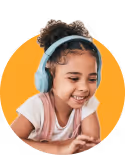 Smiling young girl wearing blue headphones and looking down, with an orange abstract background behind her.