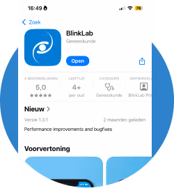 BlinkLab app page in the App Store showing app icon, rating of 5 stars, age 4+, category Medicine, and version 1.3.1 with performance improvements and bug fixes.