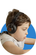 Young boy wearing headphones against a blue circular background.