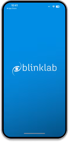 Smartphone screen displaying the BlinkLab app splash screen with a blue background and the BlinkLab logo in white.