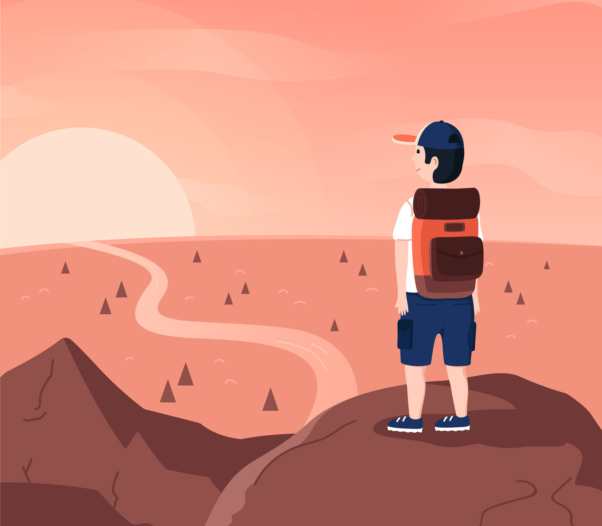 illustration d'un randonneur qui s'élance sur un chemin vers le soleil