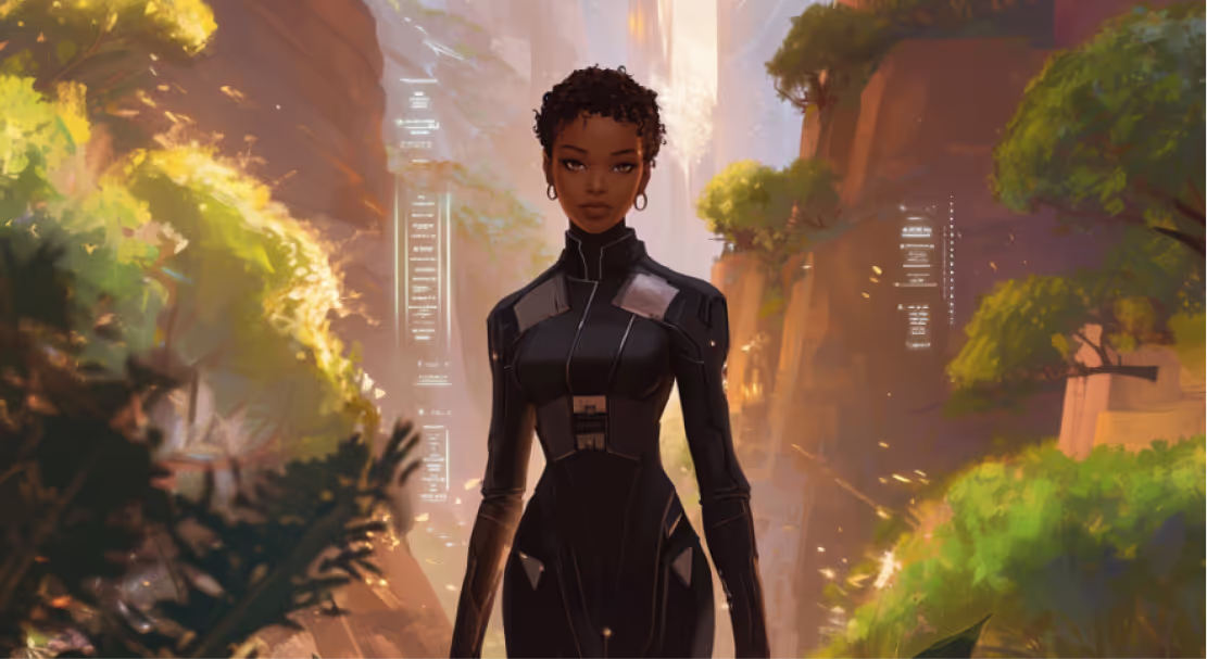A confident woman in a sleek futuristic suit stands in a vibrant, nature-filled canyon with glowing technology, embodying the themes of rebellion and survival in The Crimson Tirade by Glowing Cheetah Studios.