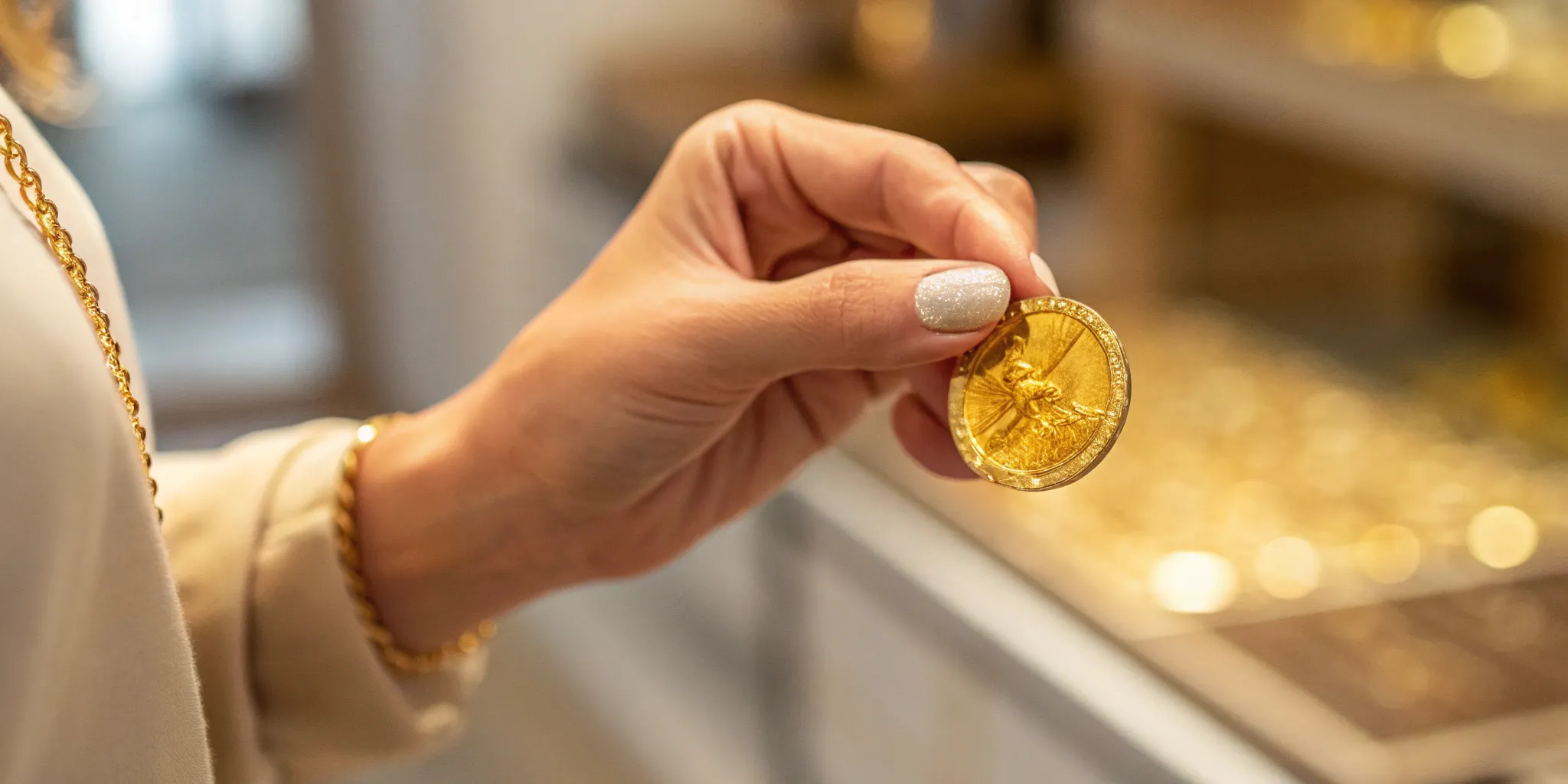 Affordable gold coin in hand.