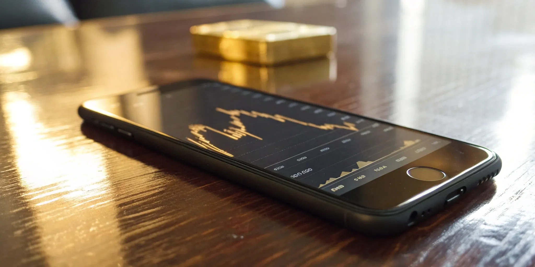 Gold price alert app on smartphone with gold bar.