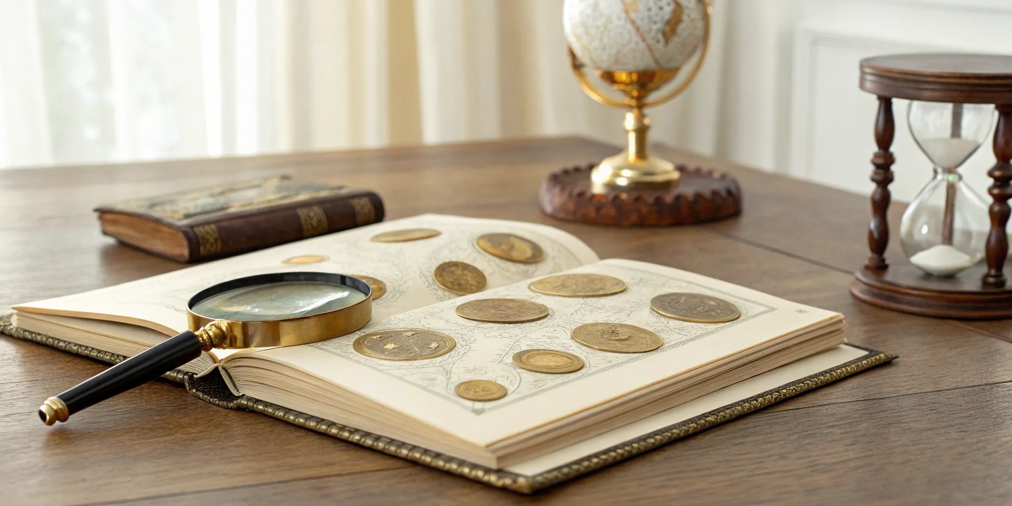 Gold coins, hourglass, and magnifying glass on table.