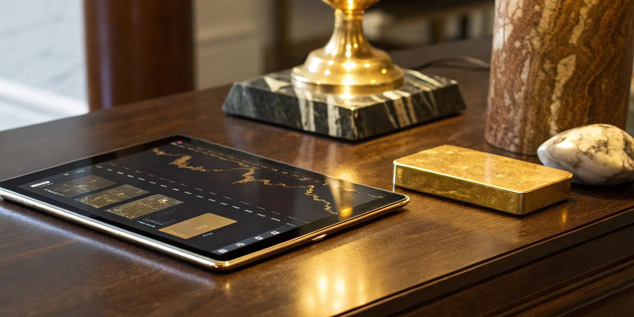 Best gold investment app on tablet with gold bar.