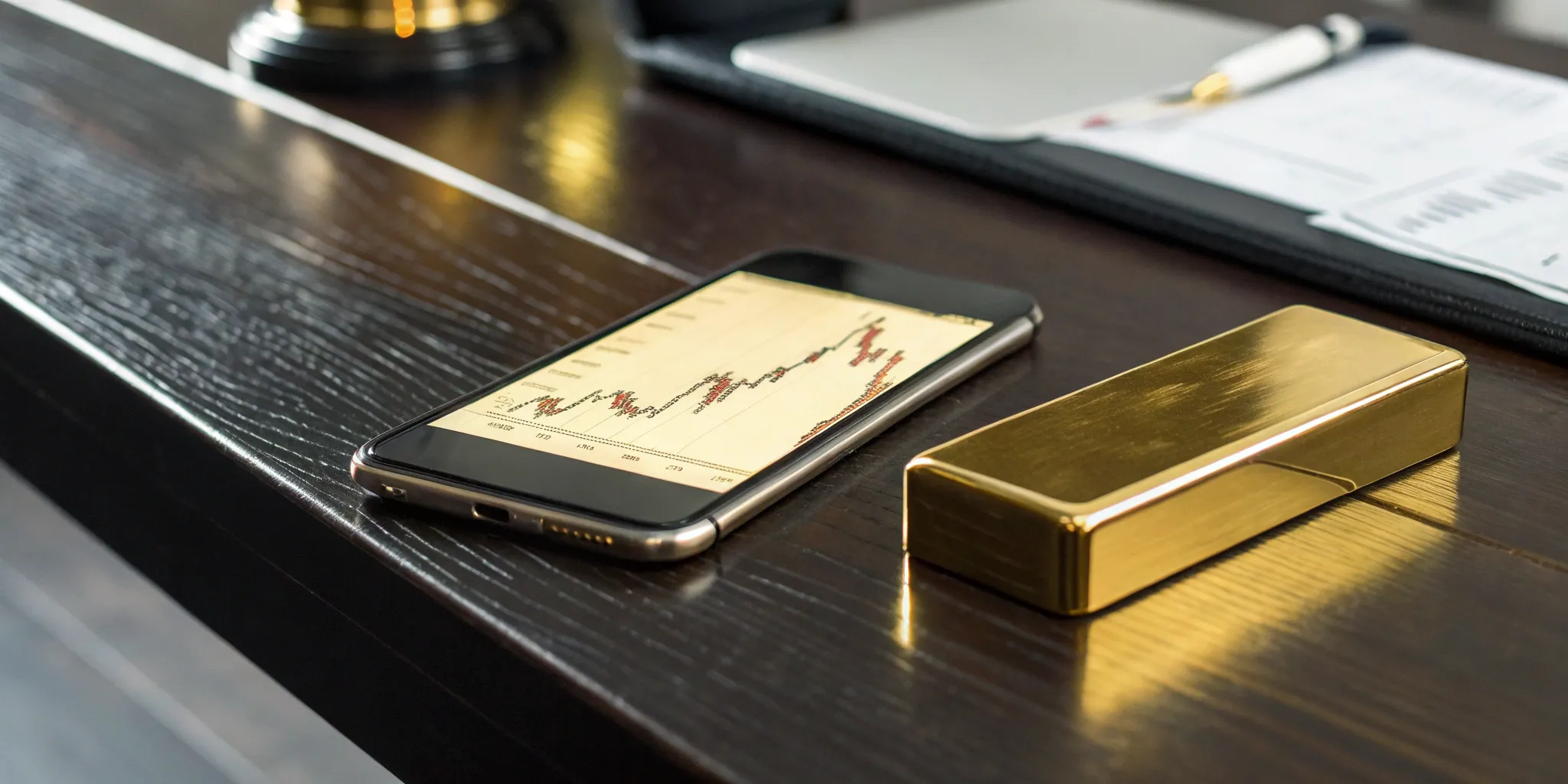 Gold investing app on smartphone next to gold bar.