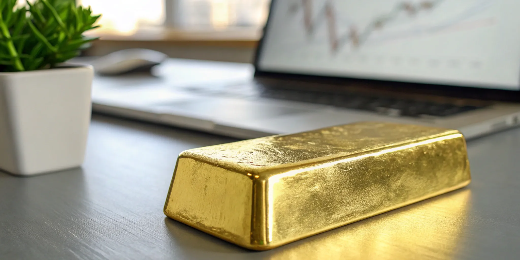 Gold bar and laptop. Gold investment for beginners.