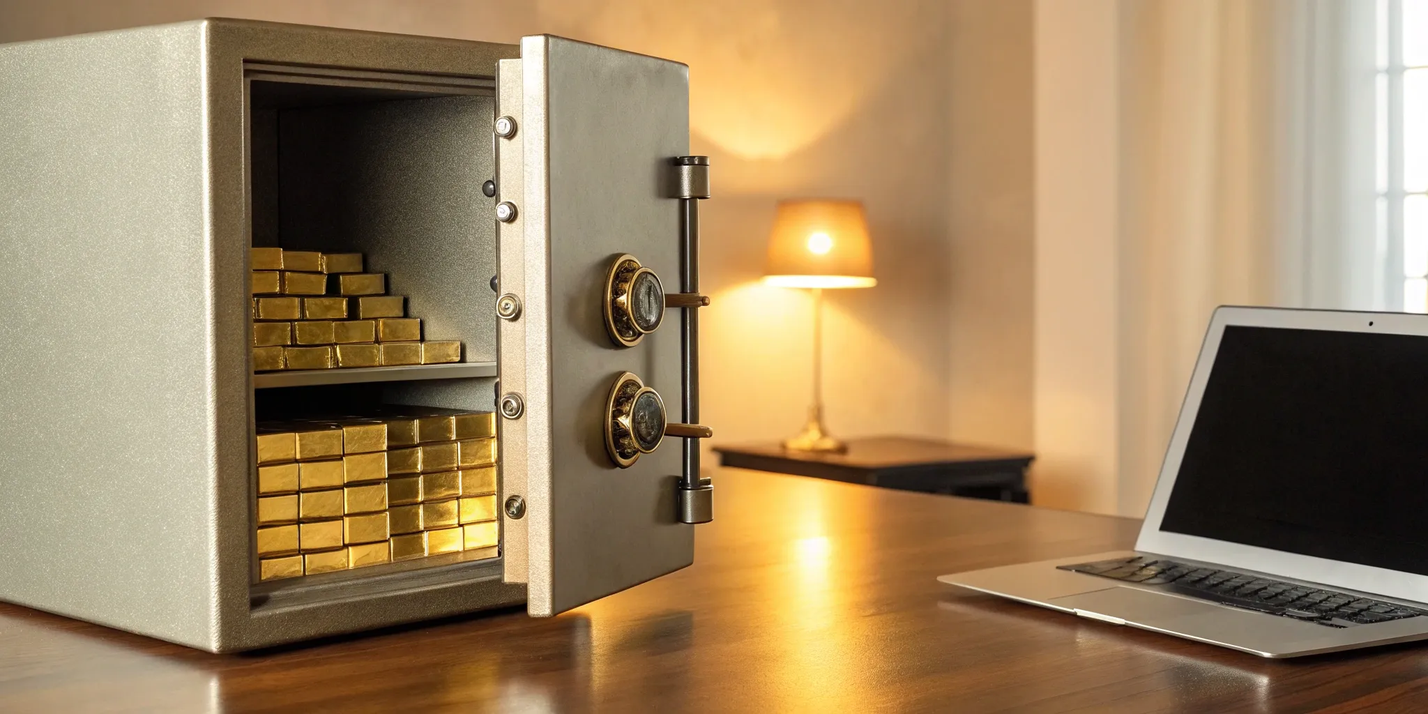 Securely buy & store gold online. Gold bars in safe next to laptop.