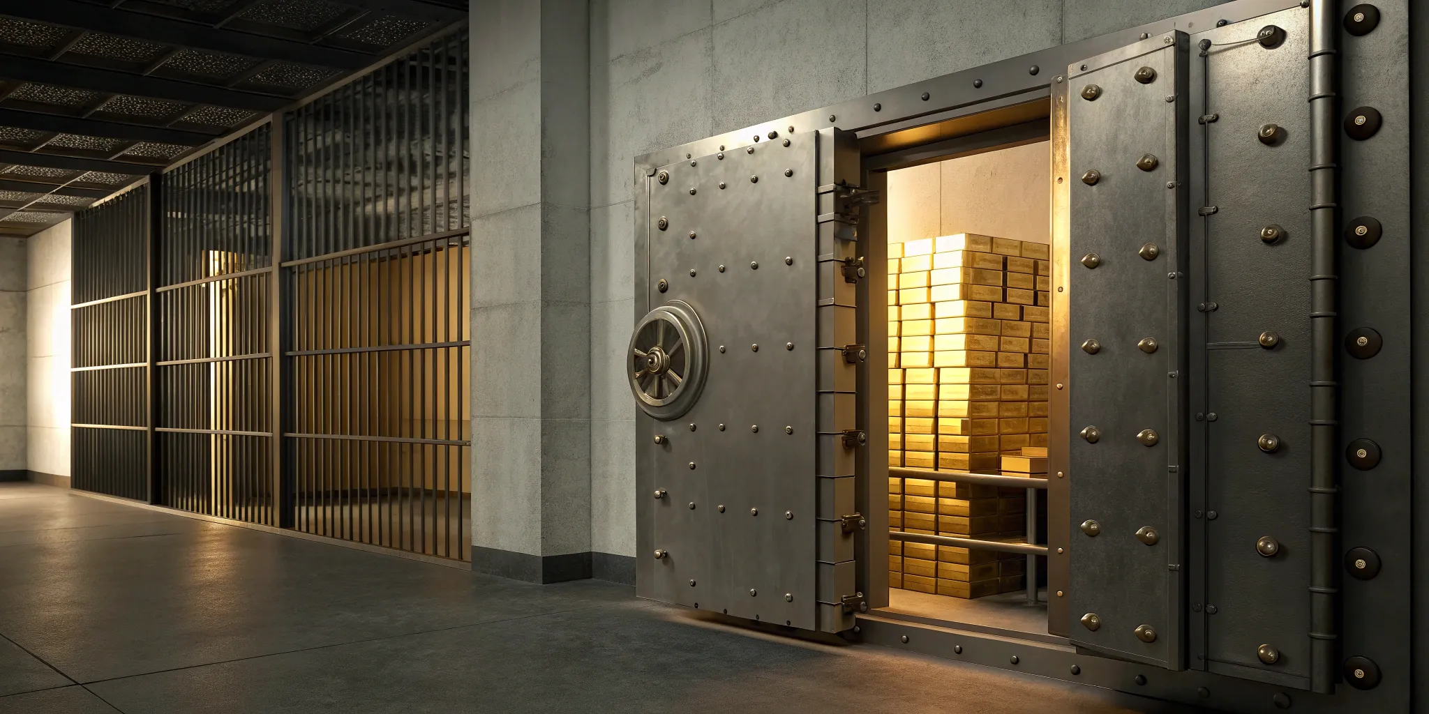 Gold bars stacked high in a bank vault.
