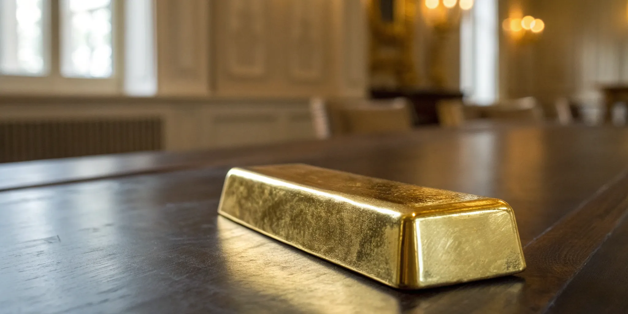 Investment-grade gold bar on wooden table.