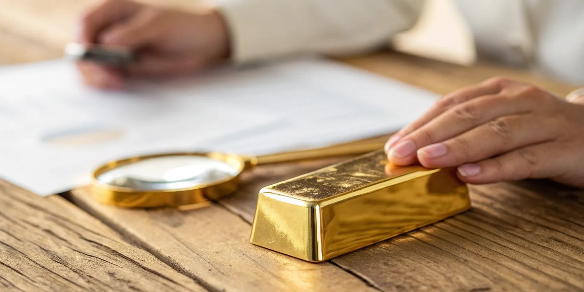 Buy fractional gold. Gold bar on wood table.