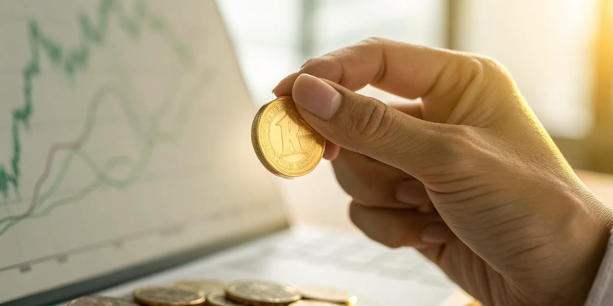 Buy gold with low fees. Gold coin and price charts on a laptop.