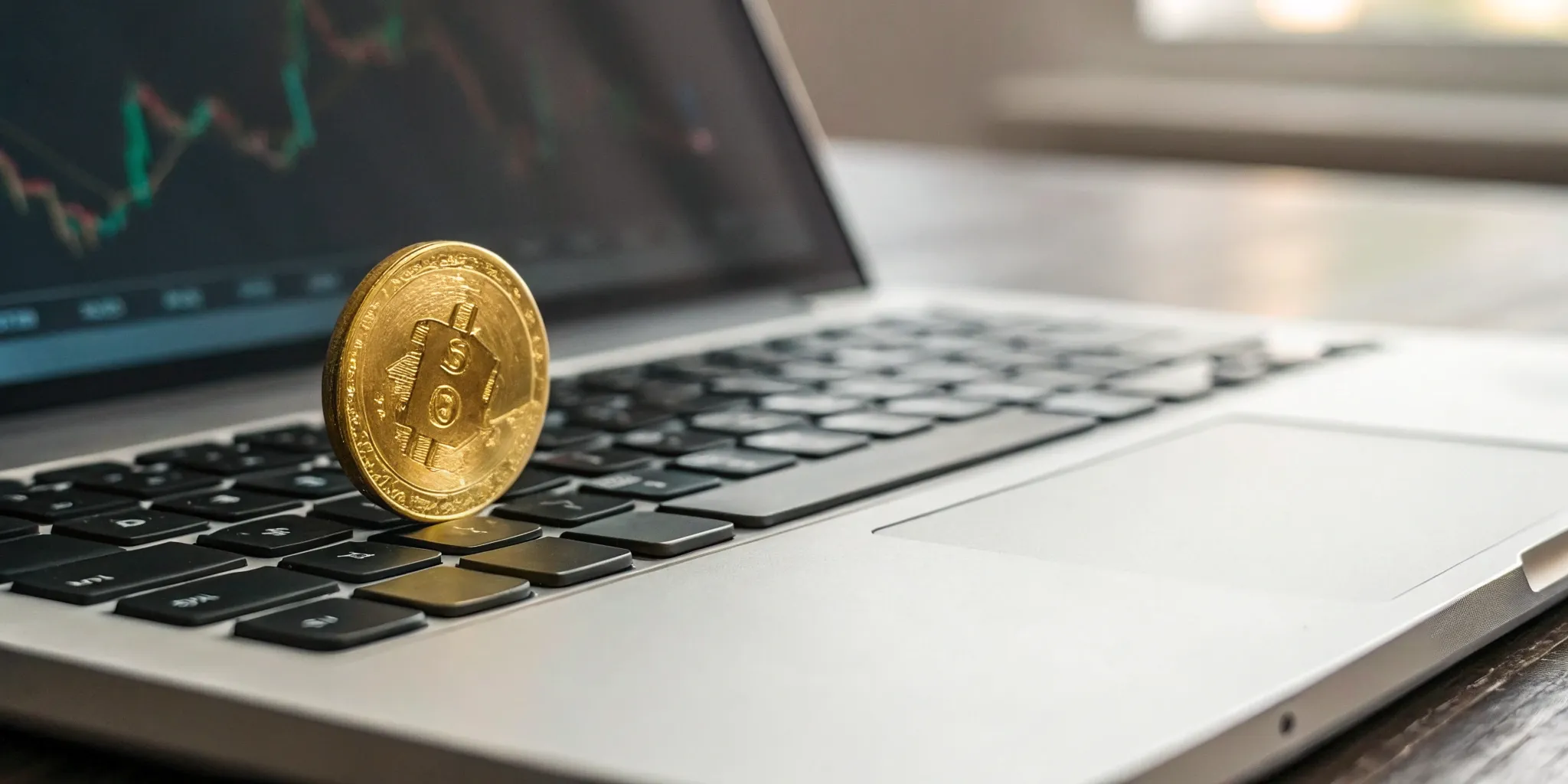 Buy gold online. Gold coin and chart on a laptop.