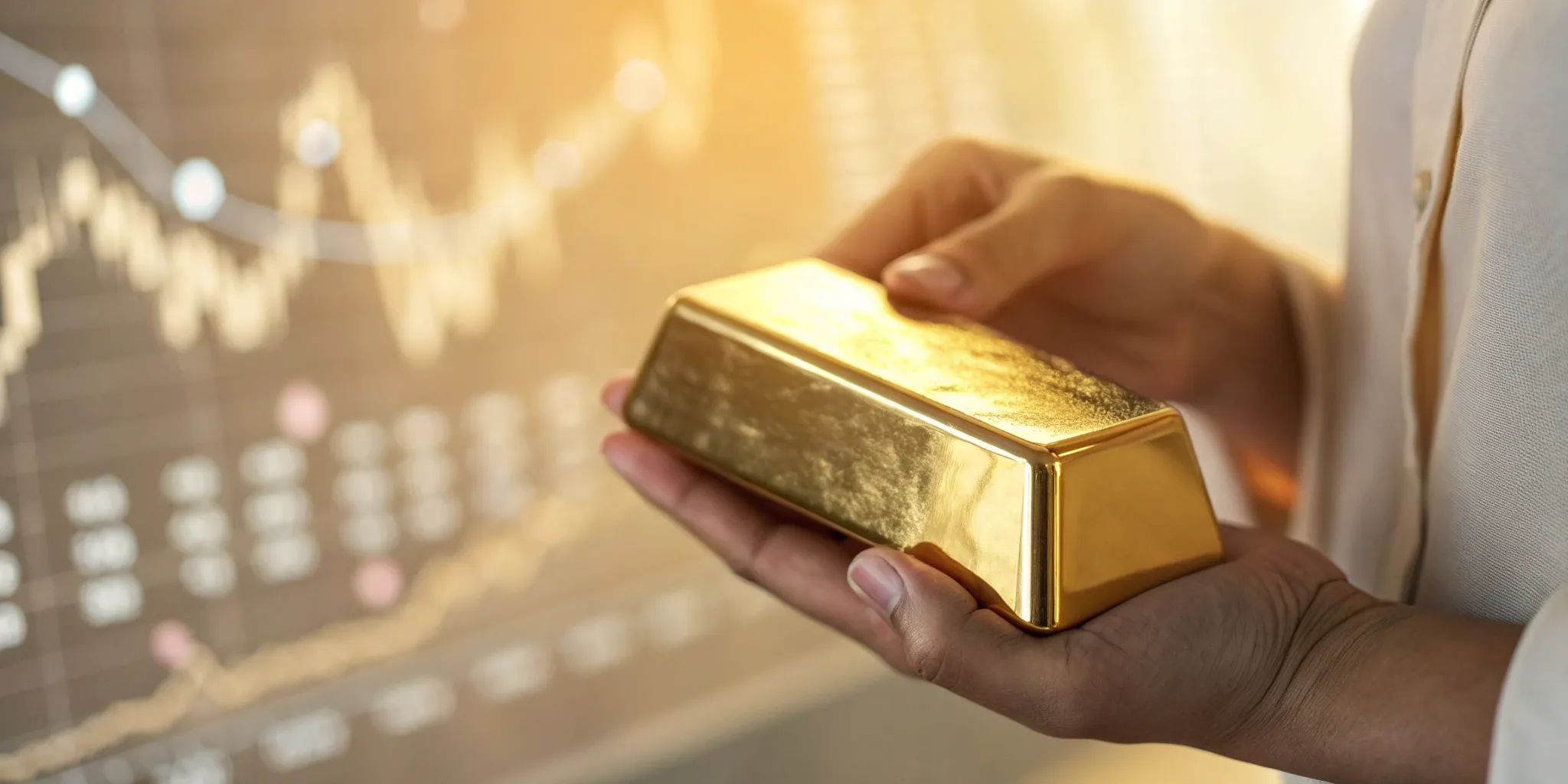 Gold bar in hand with trading chart.