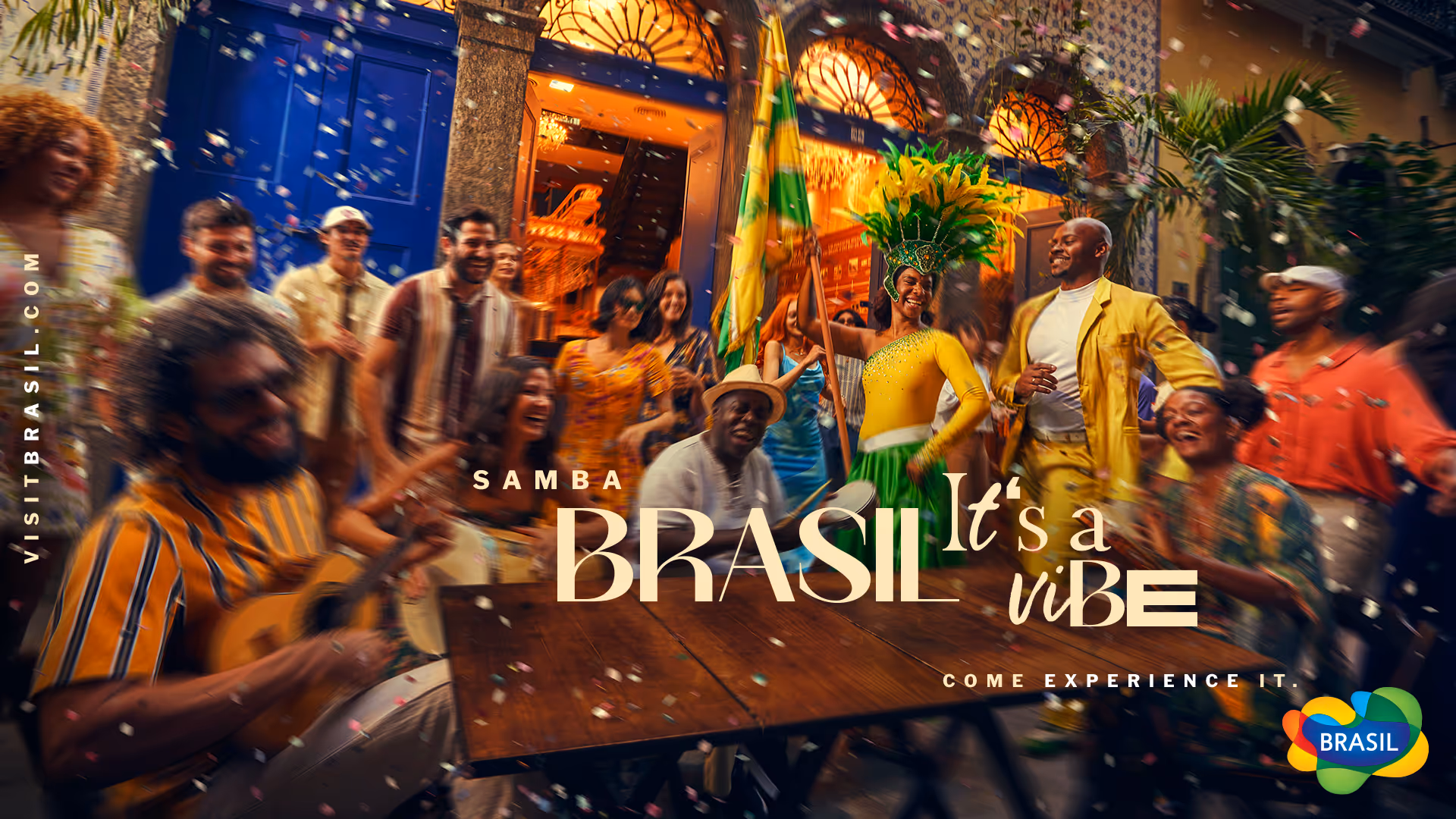 Group of diverse people joyfully celebrating samba with music and dancing in colorful outfits in a lively street setting.