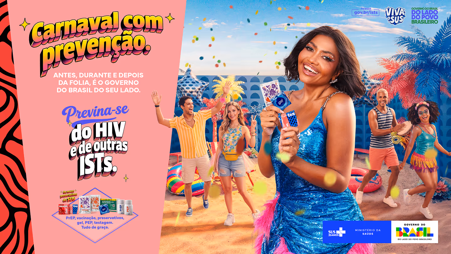 Colorful carnival scene with a smiling woman in a red dress holding condoms, a woman in a wheelchair wearing a vibrant costume, and a man playing a drum amidst confetti and carnival masks.