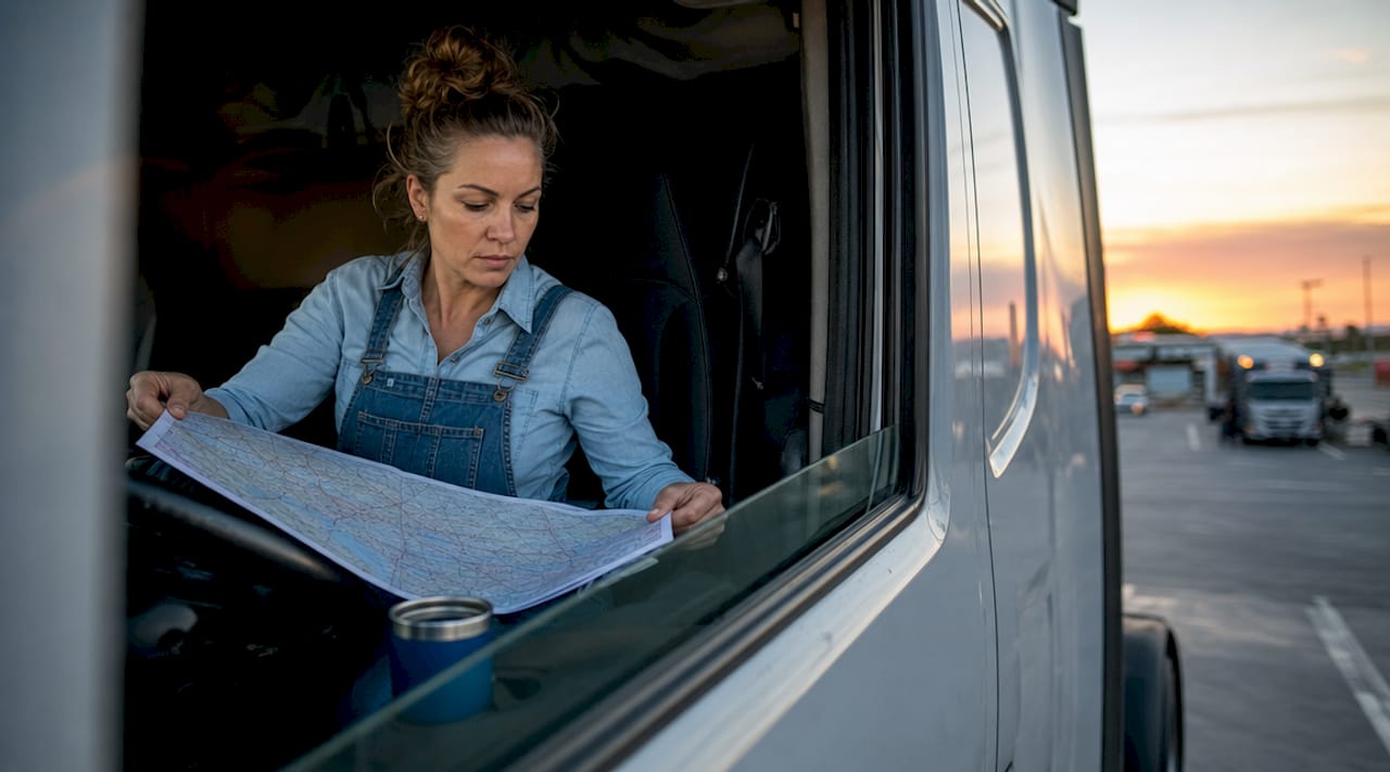 Truck driver reviewing fuel routing map inside cab