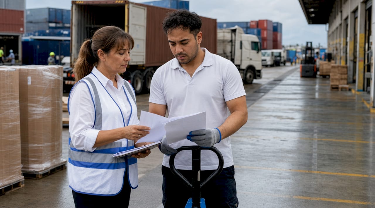 Logistics manager and supervisor at busy freight terminal