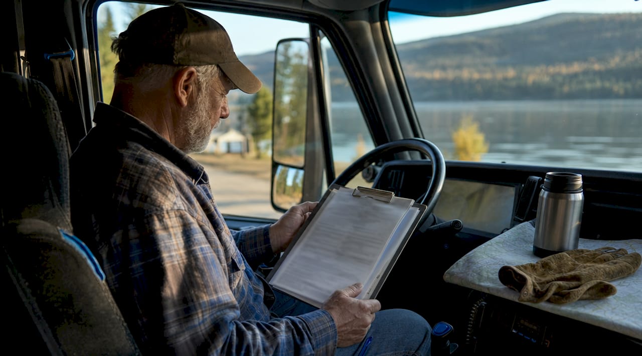 Owner-operator reviewing driver logs inside truck cab