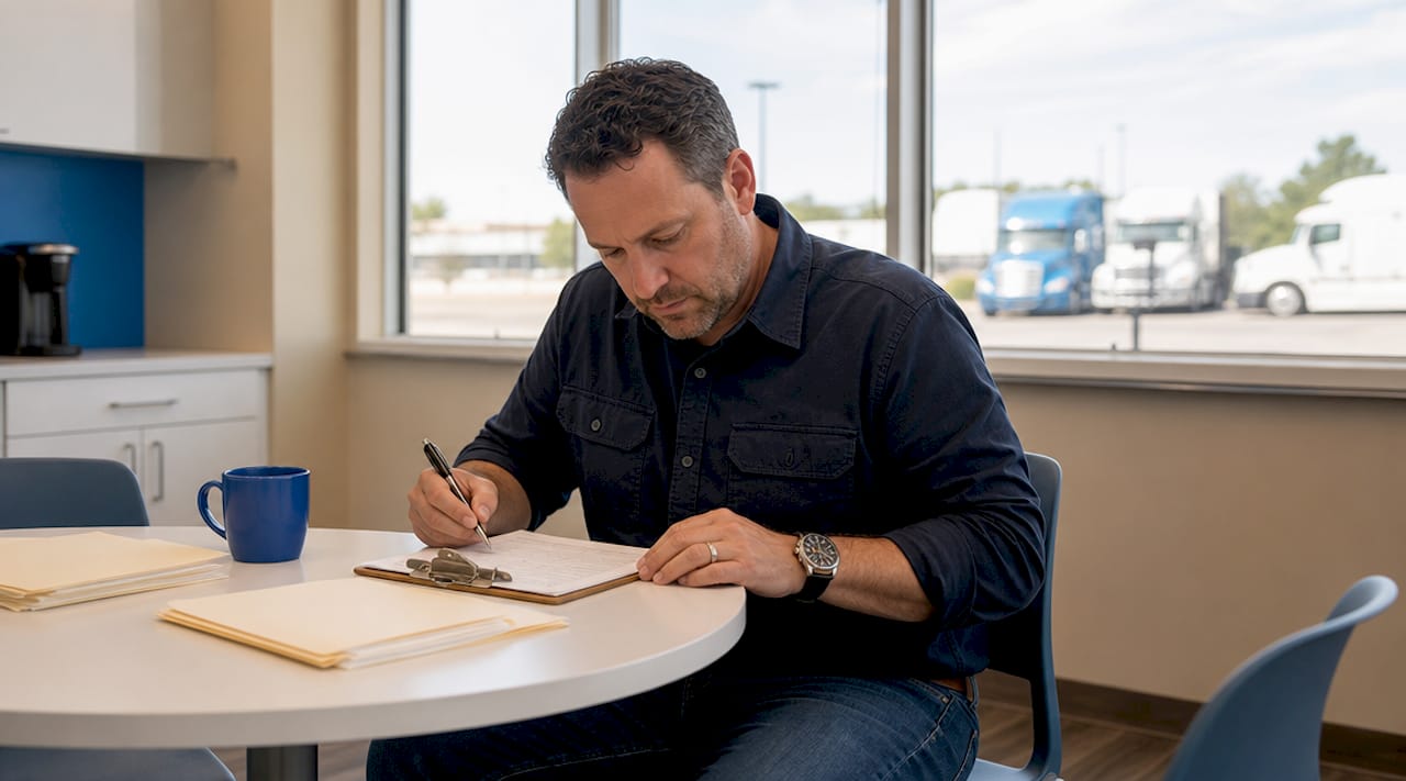 Hands completing trucking compliance checklist