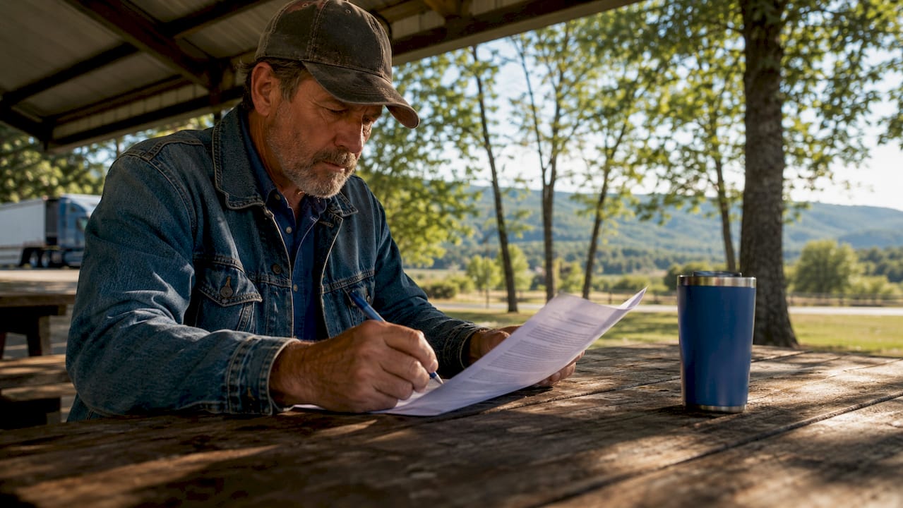 Truck driver reviewing contract inside cabin