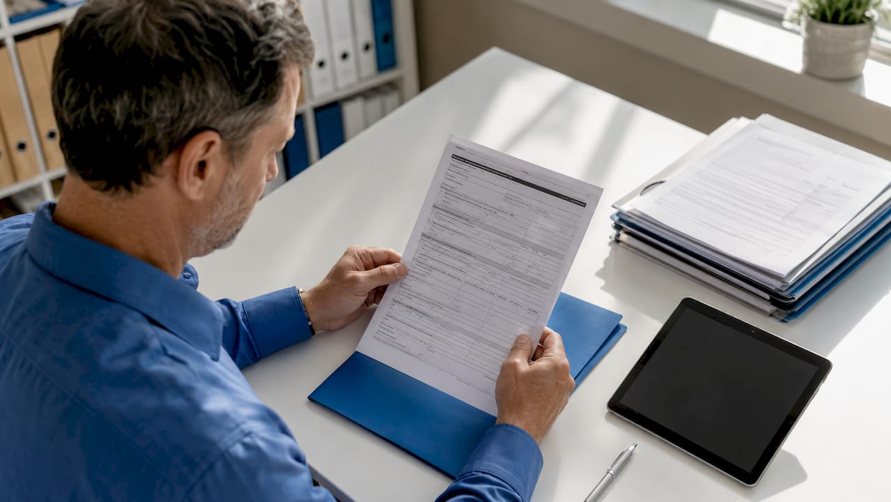 Hands holding FMCSA compliance form in office