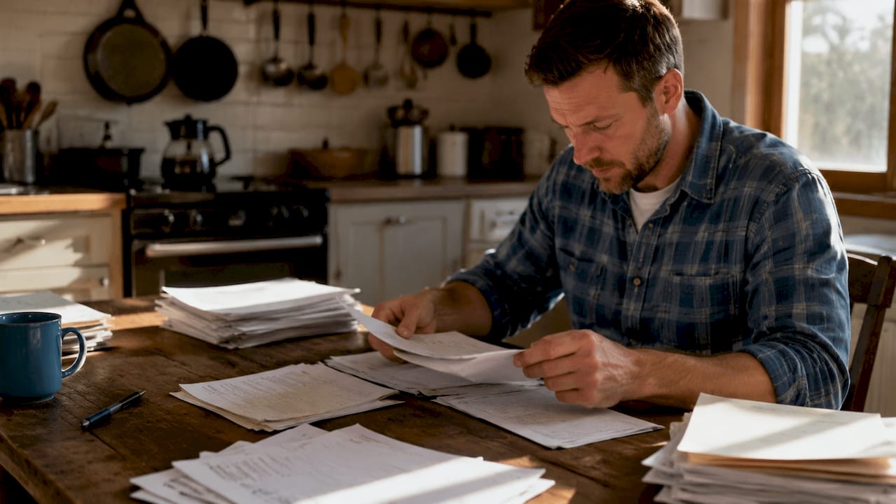 Hands sorting freight paperwork on table