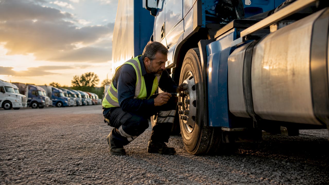 Driver checking truck coupling device outdoors