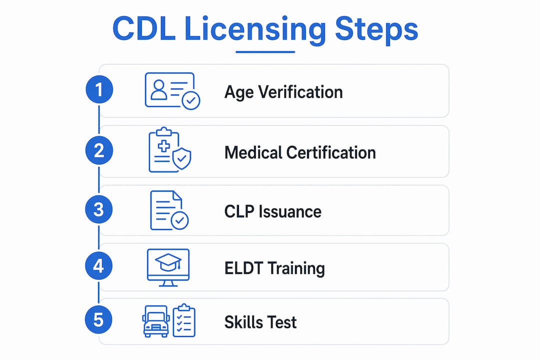 Infographic illustrating five CDL licensing steps