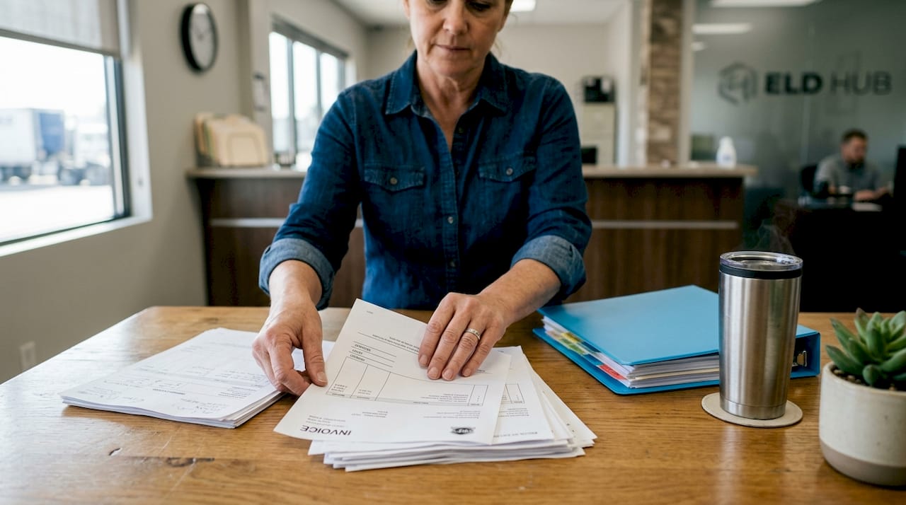 Hands sorting invoices at dock office