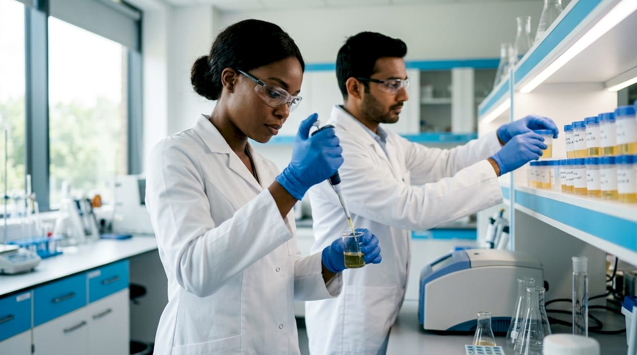 Lab technicians processing urine drug test samples