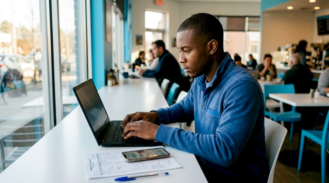 Hands typing on laptop freight broker