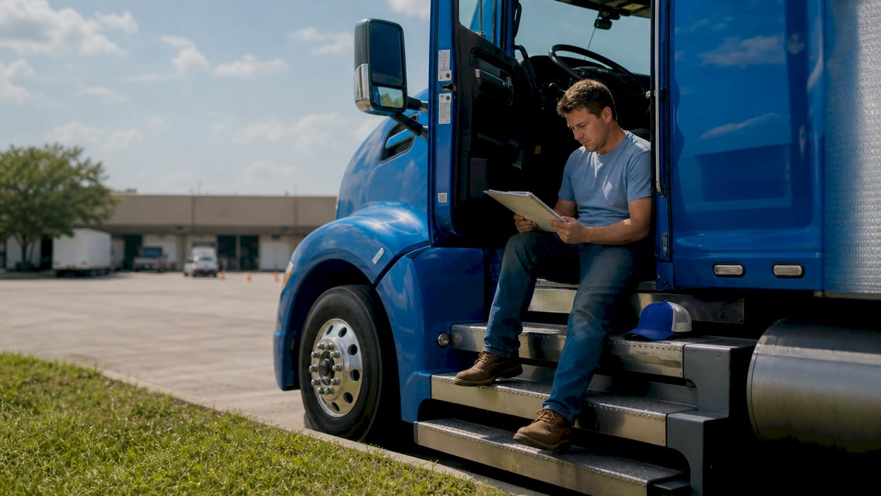 Truck driver reading handbook inside cab