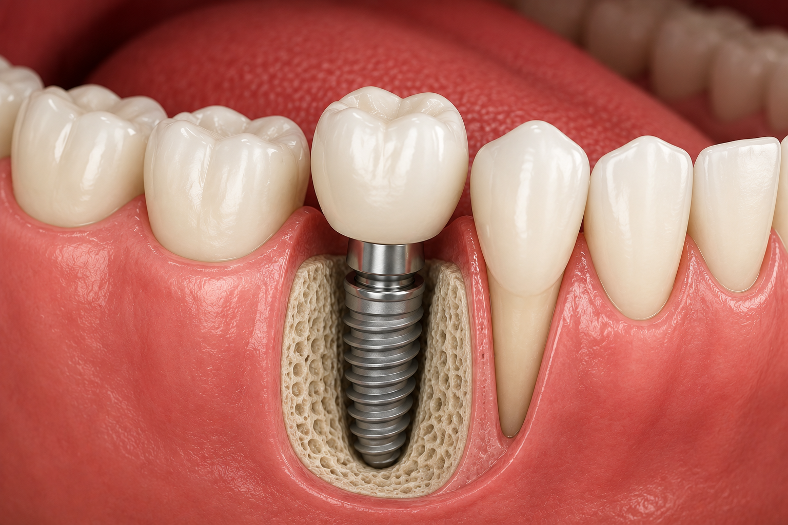 Dental implant with a titanium post, abutment, and crown replacing a missing tooth.