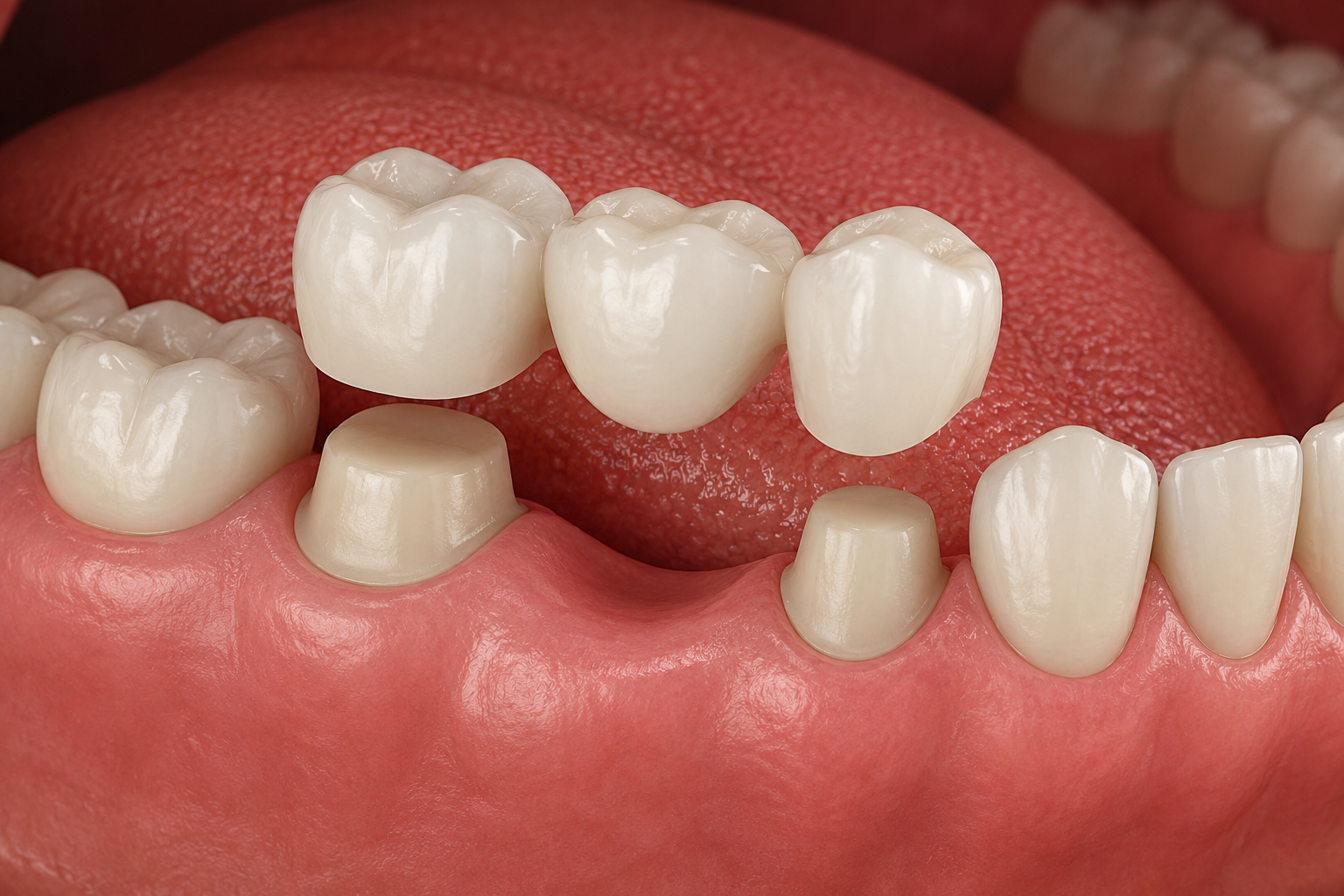 Dental bridge replacing a missing tooth using two neighboring teeth for support.